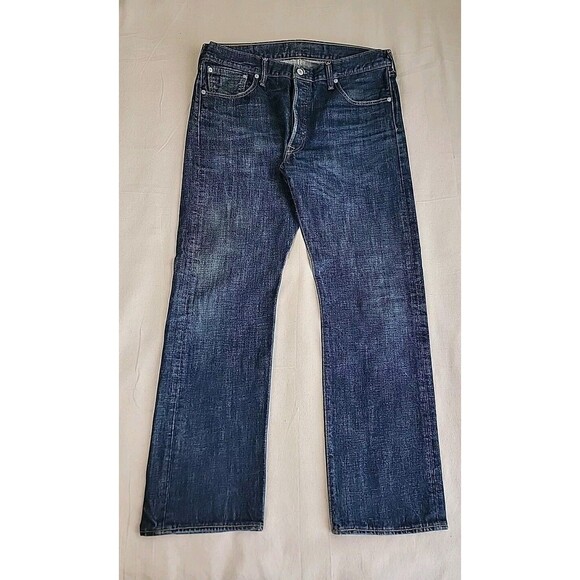 Levis 501 Jeans Mens 36x31 Button Fly Straight Cotton Dark Blue Mid Distressed - Picture 1 of 16